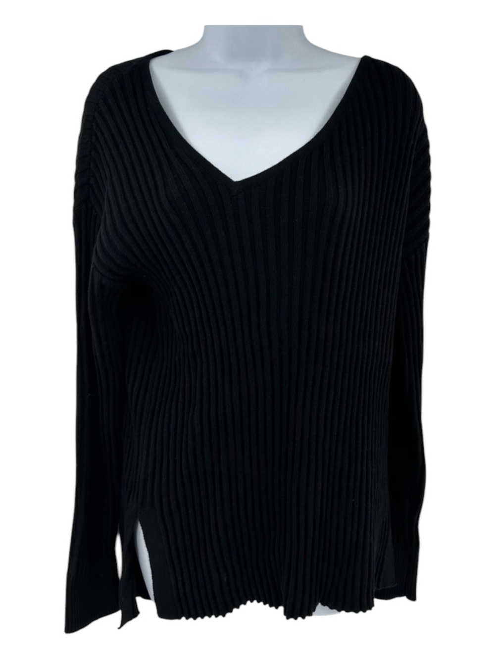 Open Edit Black Ribbed Asymmetrical V Neck Sweater Size Small
